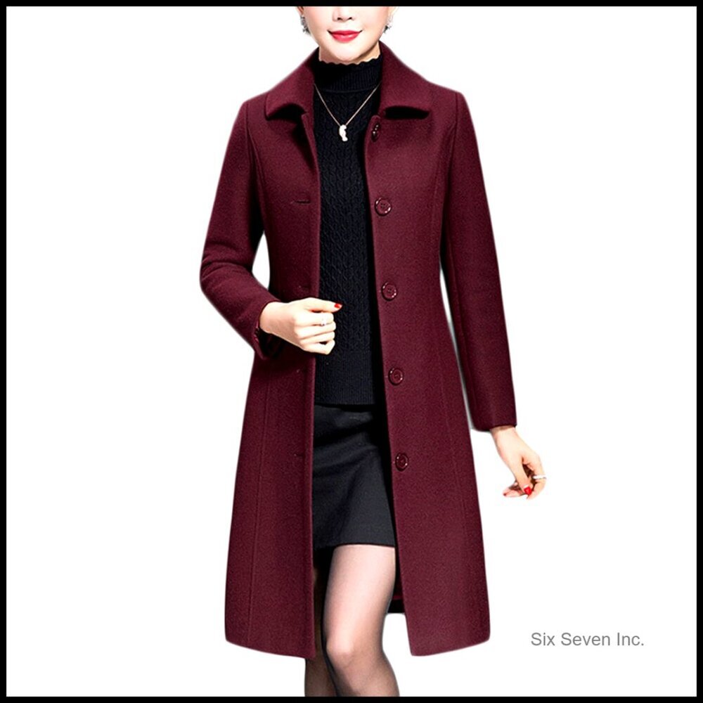Wool Trench Coat Long Winter Overcoat Fitted Button Closure Pockets
